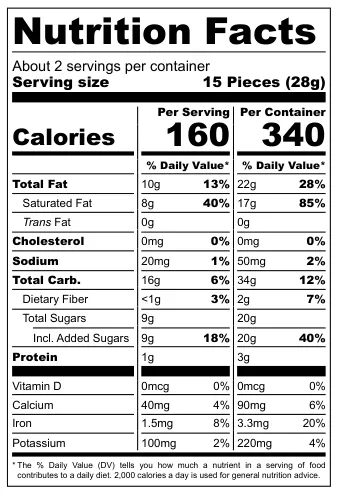 Shimi Choco Corn nutritional label